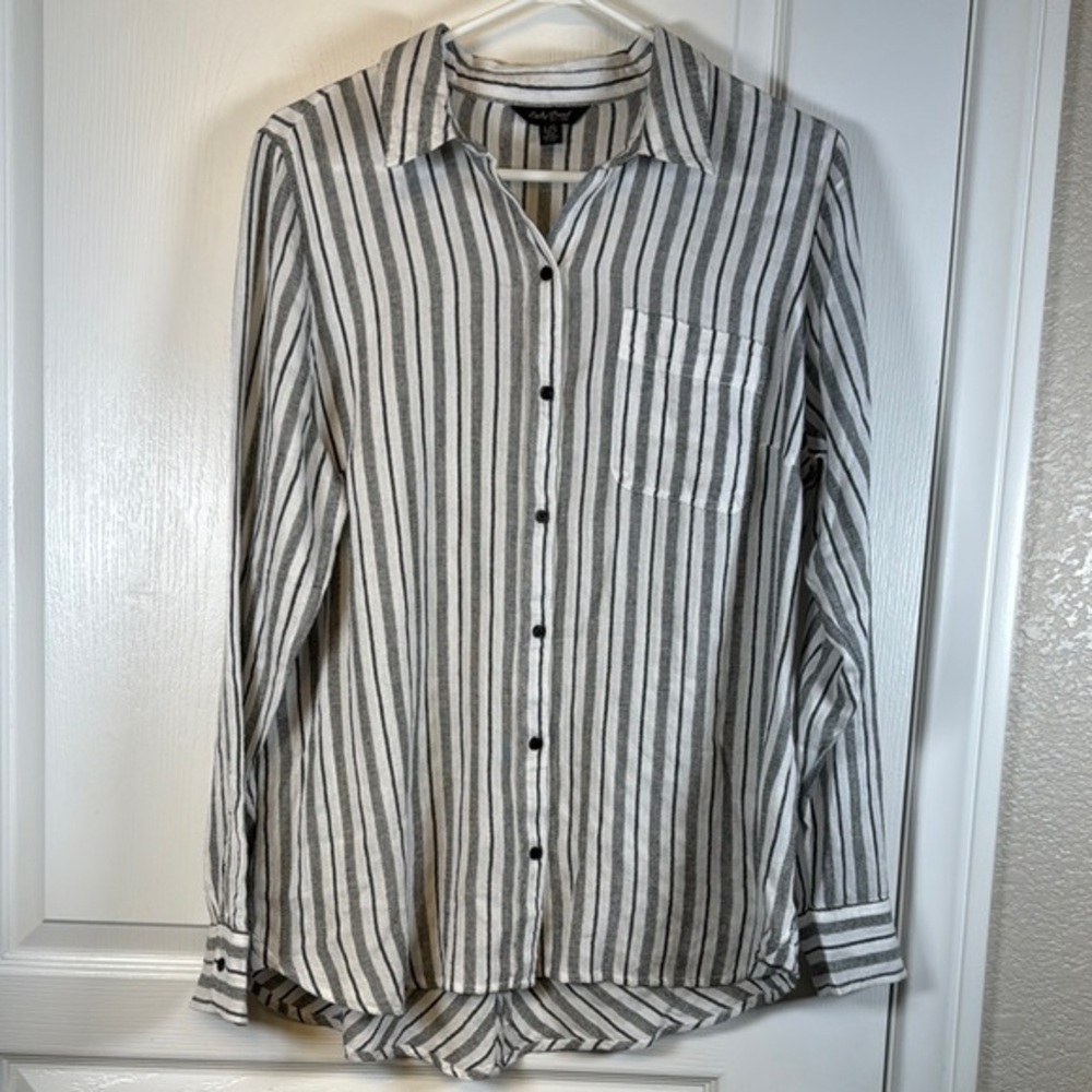 Lucky Brand White Black Long Sleeve Button Down Blouse Size Large EUC #2953
